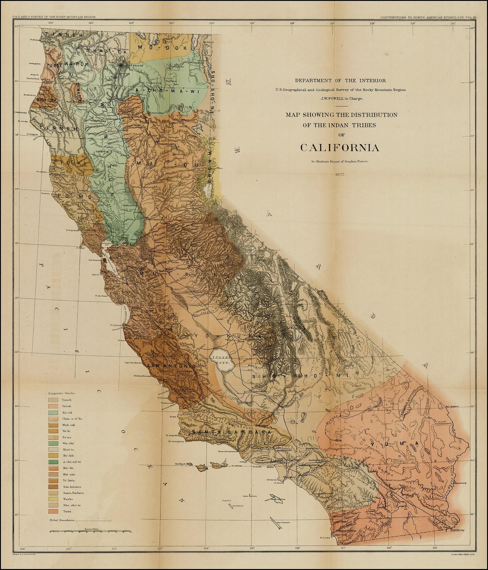 Distribution of Indian tribes in California, 1877. John Wesley Powell (U.S. Geographical and Geological Survey of the Rocky Mountain Region).