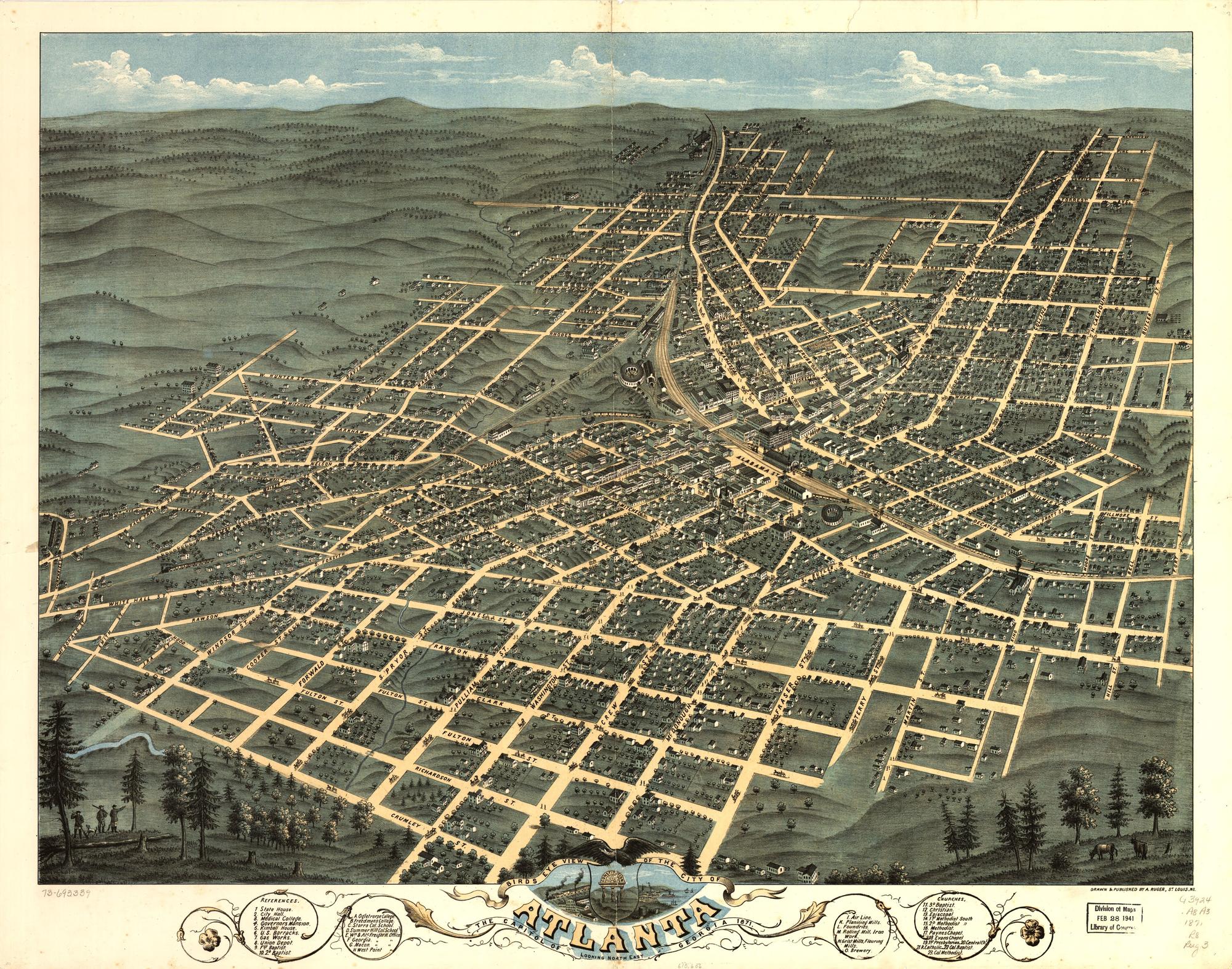 Birds eye view of the city of Atlanta, the capitol of Georgia, 1871. A. Ruger. The sheet says “Looking north east.”. Bird's-eye illustration / lithograph.