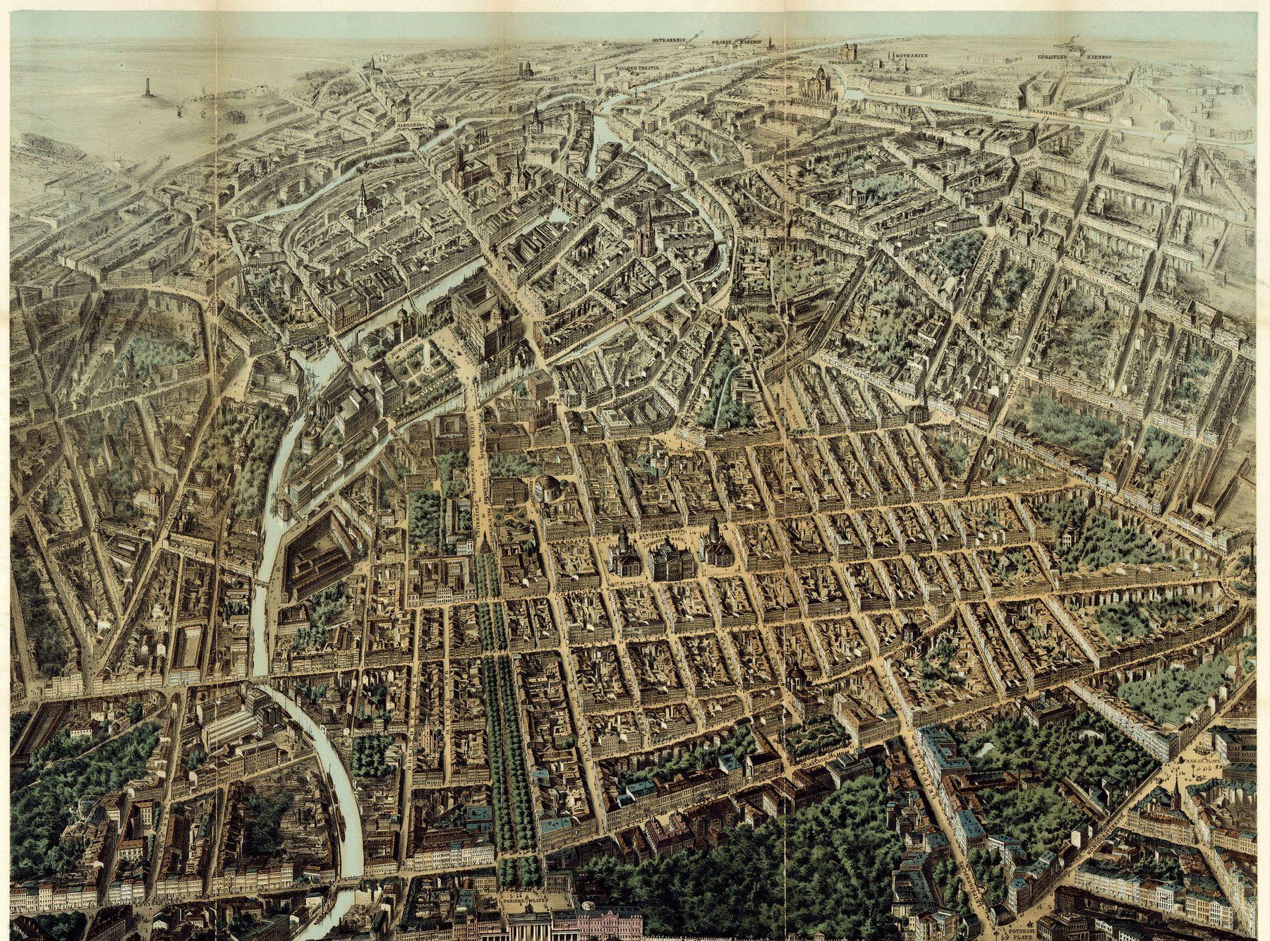 Berlin from a bird’s-eye, 1871. Robert Meinhardt. Colored lithograph; first issued 1868, this state 1871.. Bird's-eye illustration / lithograph.
