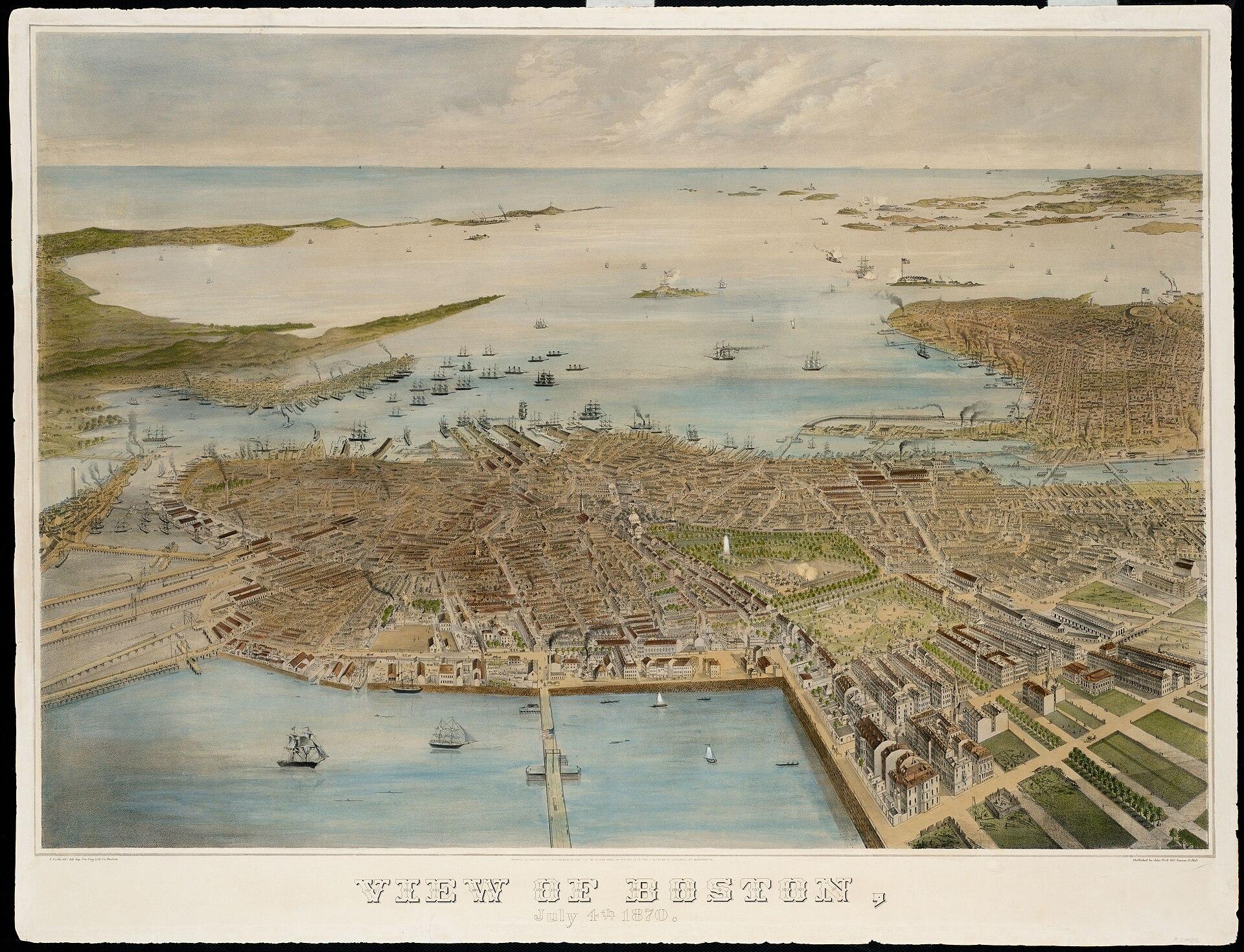 View of Boston, July 4th 1870, 1870. F. Fuchs; John Weik; New England Lith. Co.. Bird's-eye illustration / lithograph.