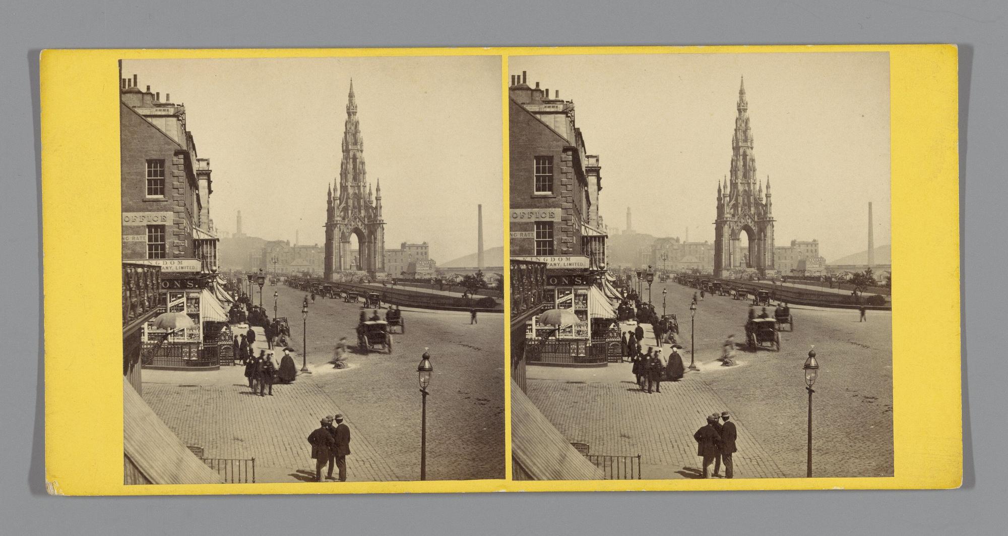 Princes Street and the Scott Monument, ca. 1850–1880. Unidentified photographer. A numbered stereograph. The maker is not fixed on the card.. Street photograph.