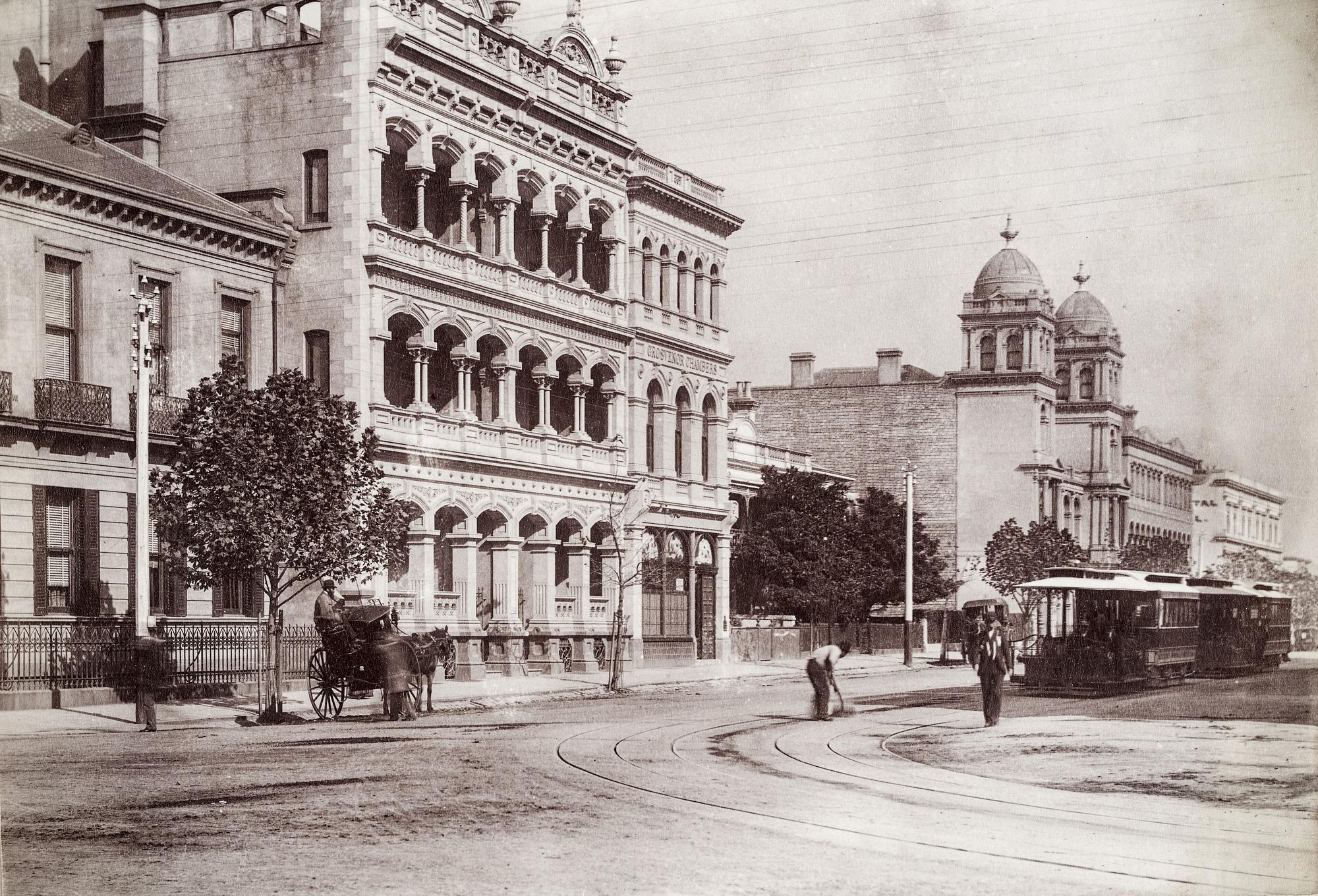 Collins Street, Grosvenor Chambers, 1888–1900. Uncertain. State Library of Victoria holds the view; a possible attribution to Charles Cheney Simpson is not fixed on the print.. Street photograph.
