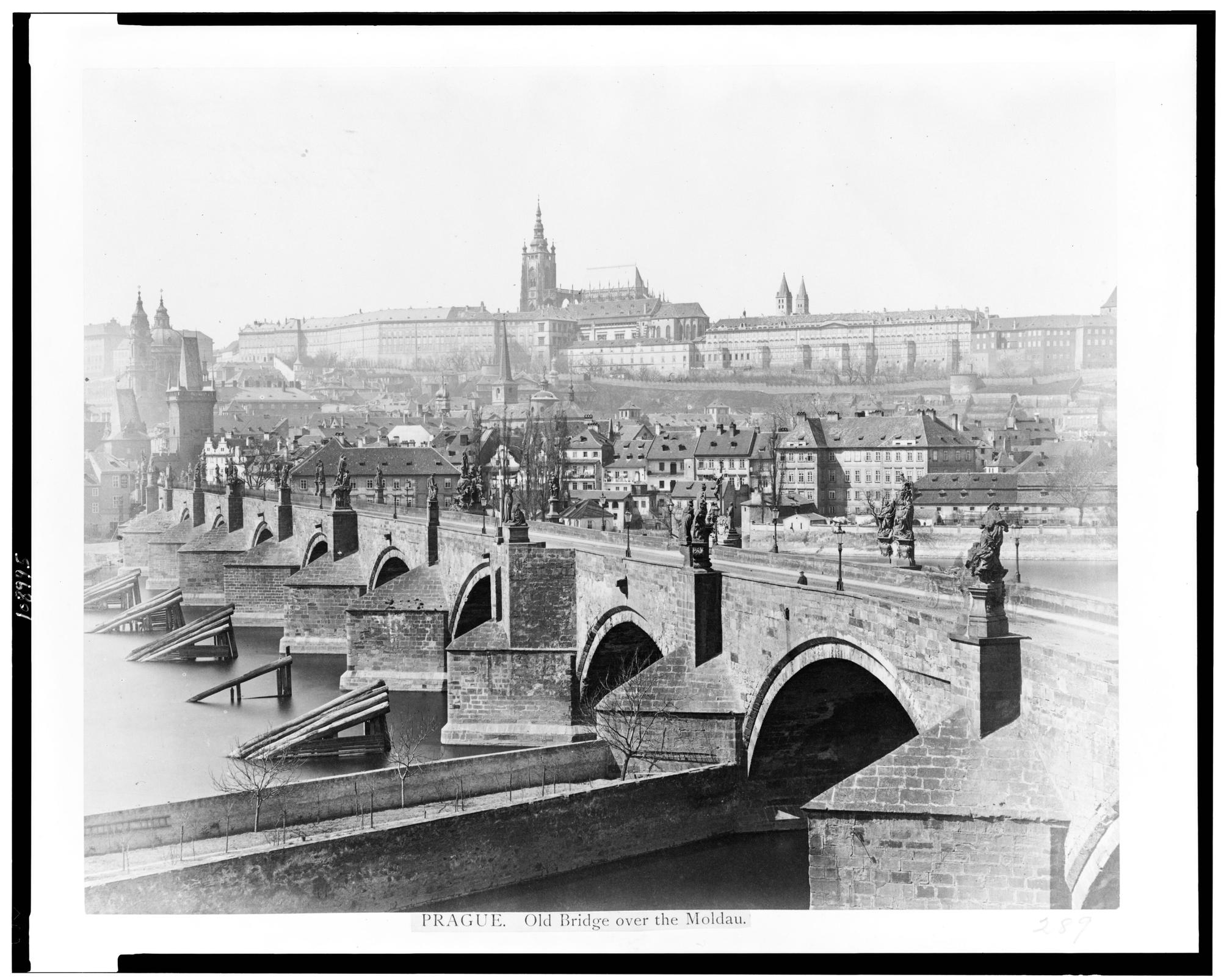 Old Bridge over the Moldau, 1860. Unidentified photographer. The caption names the subject, not the maker.. Elevated photograph.