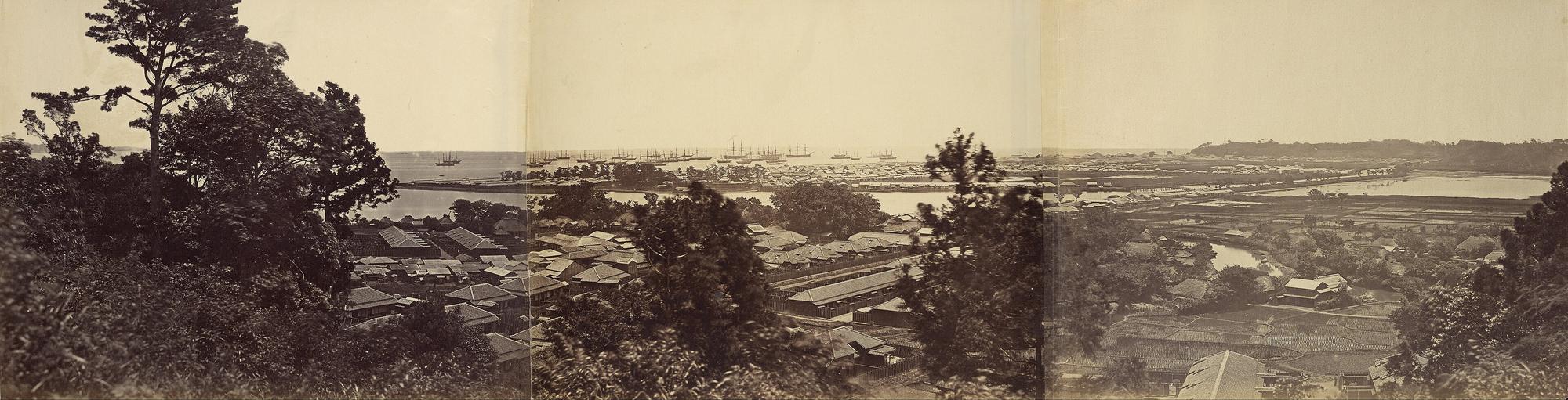 Yokohama from the hill, 1863. Felice Beato. Joined panoramic photograph, 1863.. Photographic panorama.
