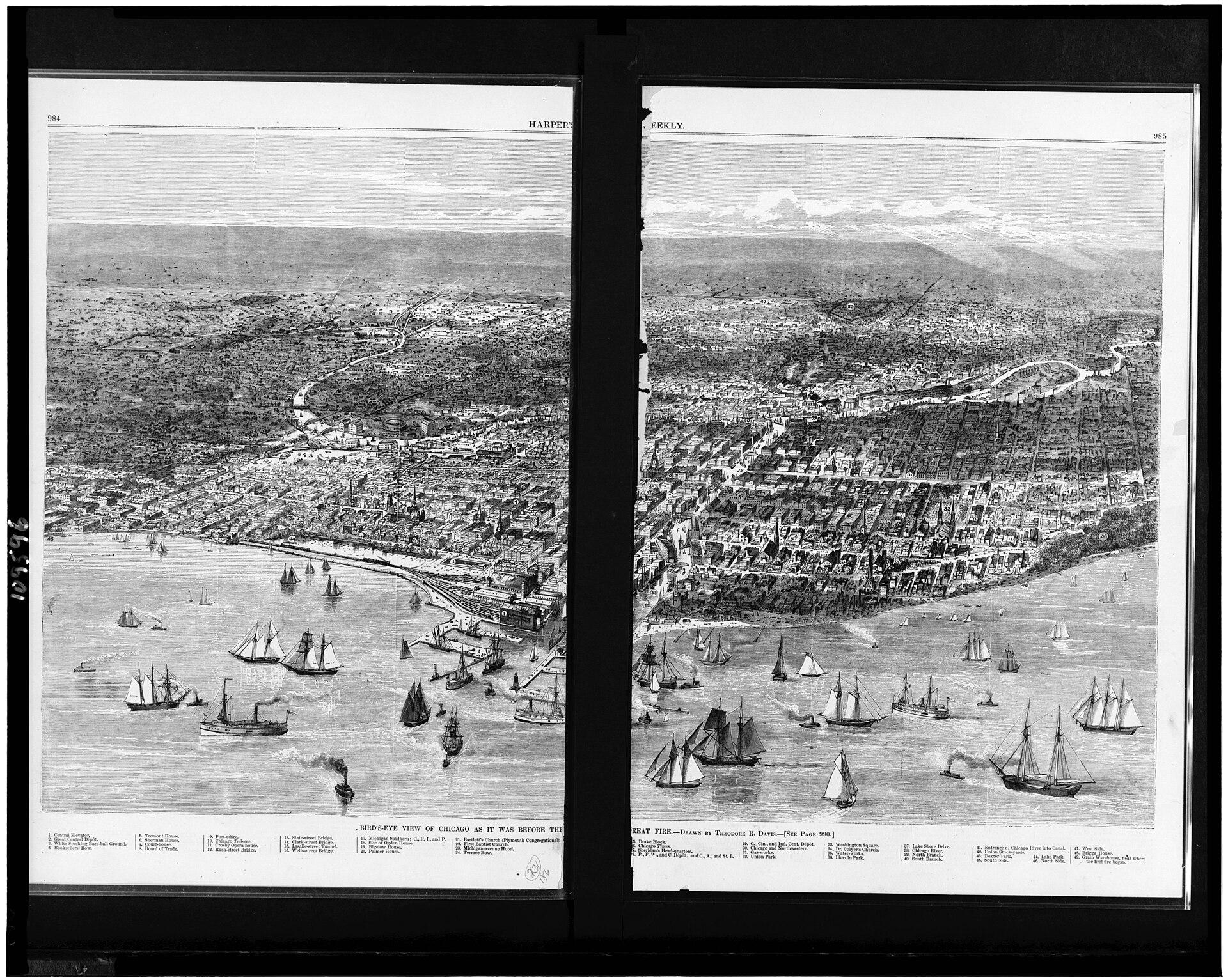 Bird’s-eye view of Chicago as it was before the great fire, 1871. Theodore R. Davis. Wood engraving in Harper’s Weekly, 21 October 1871.. Bird's-eye illustration / lithograph.