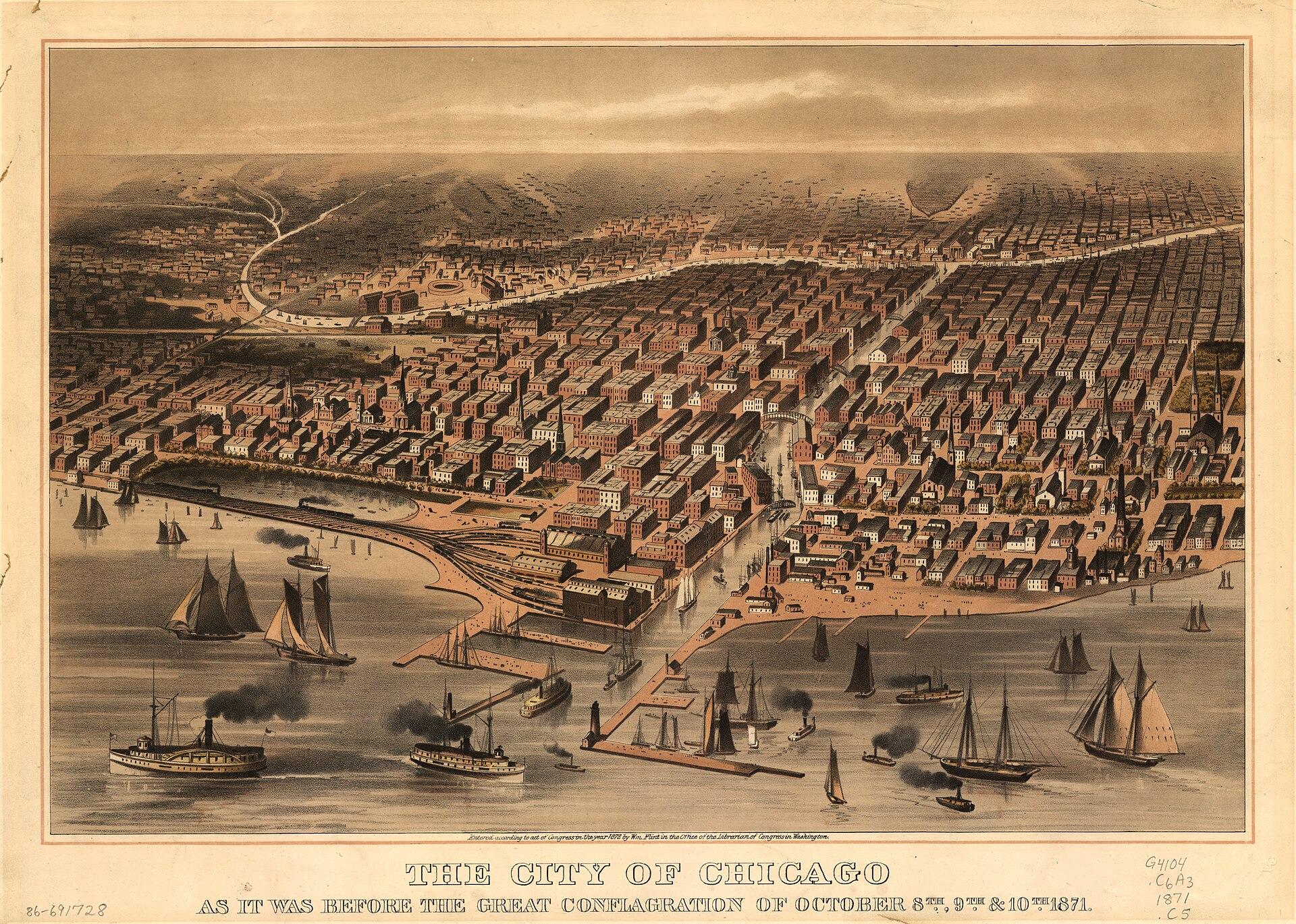 The City of Chicago as it was before the great conflagration, 1872. W. Flint. Bird's-eye illustration / lithograph.