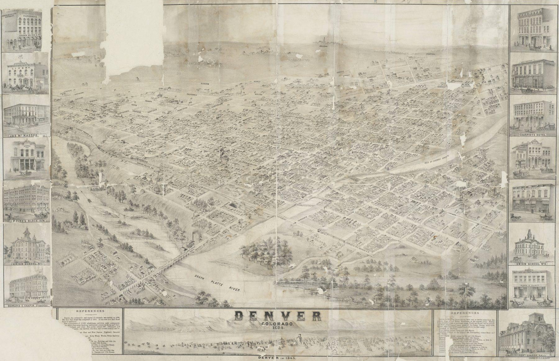 Denver, Colorado, 1874, 1874. Period bird’s-eye lithograph.. Bird's-eye illustration / lithograph.