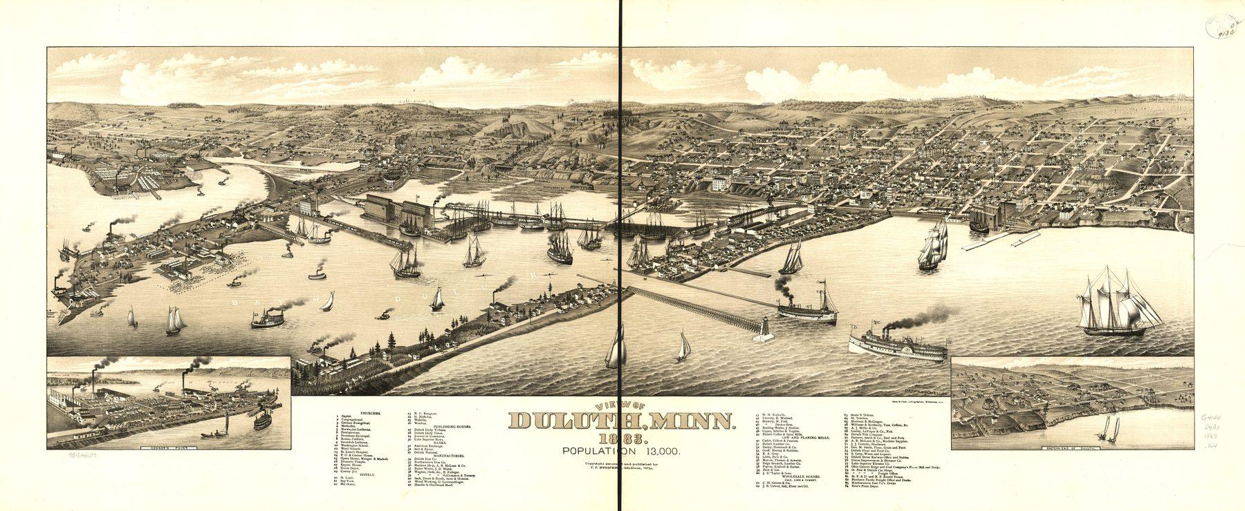 View of Duluth, Minn., 1883. H. Wellge; J. J. Stoner; Beck & Pauli, lithographers.. Bird's-eye illustration / lithograph.