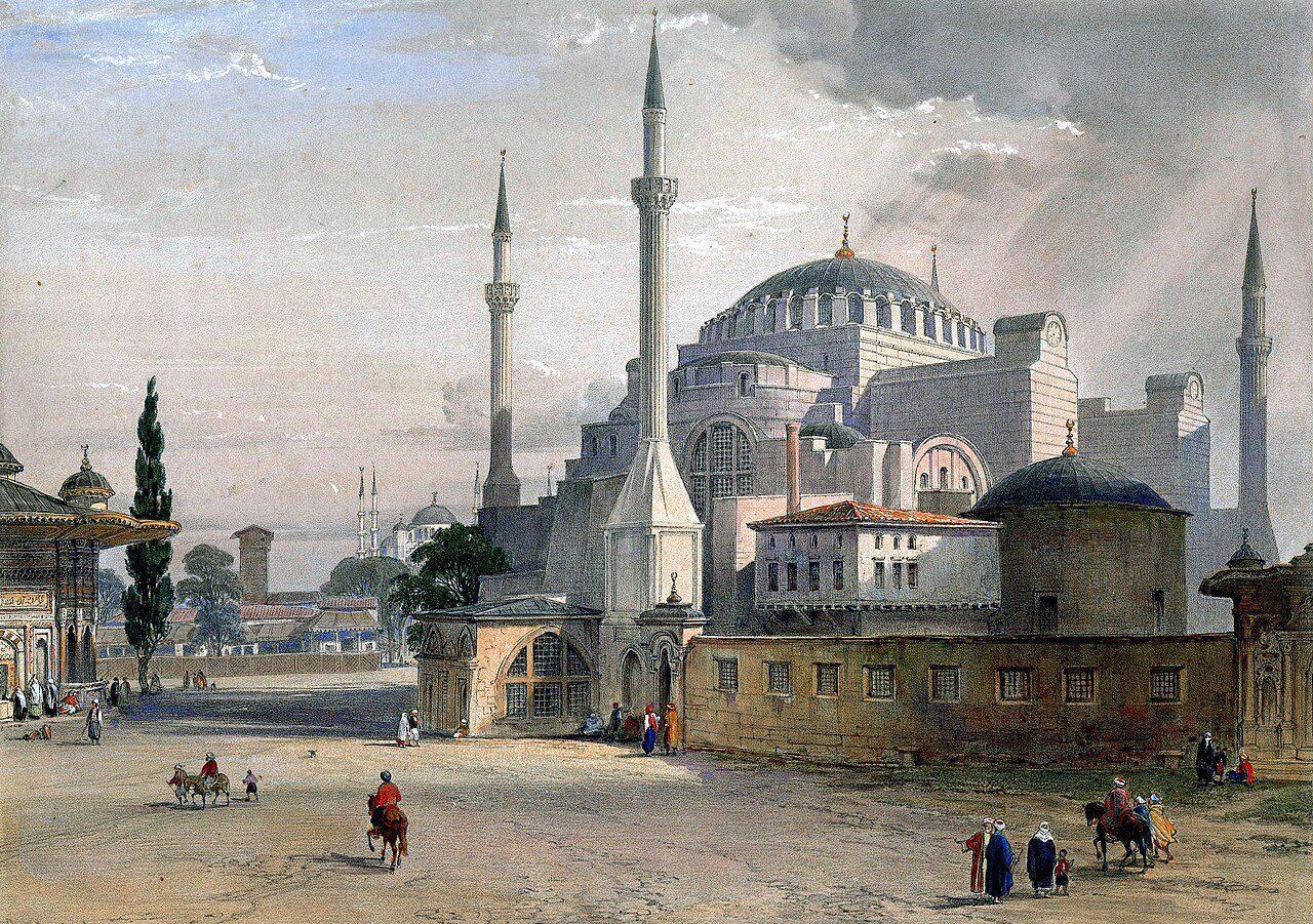 Hagia Sophia from the south, c. 1880–1900. Period photograph. Abdullah Frères and others issued exterior views of Ayasofya in these decades. Photographer of this specific scan is not fixed on the file.. Street photograph.