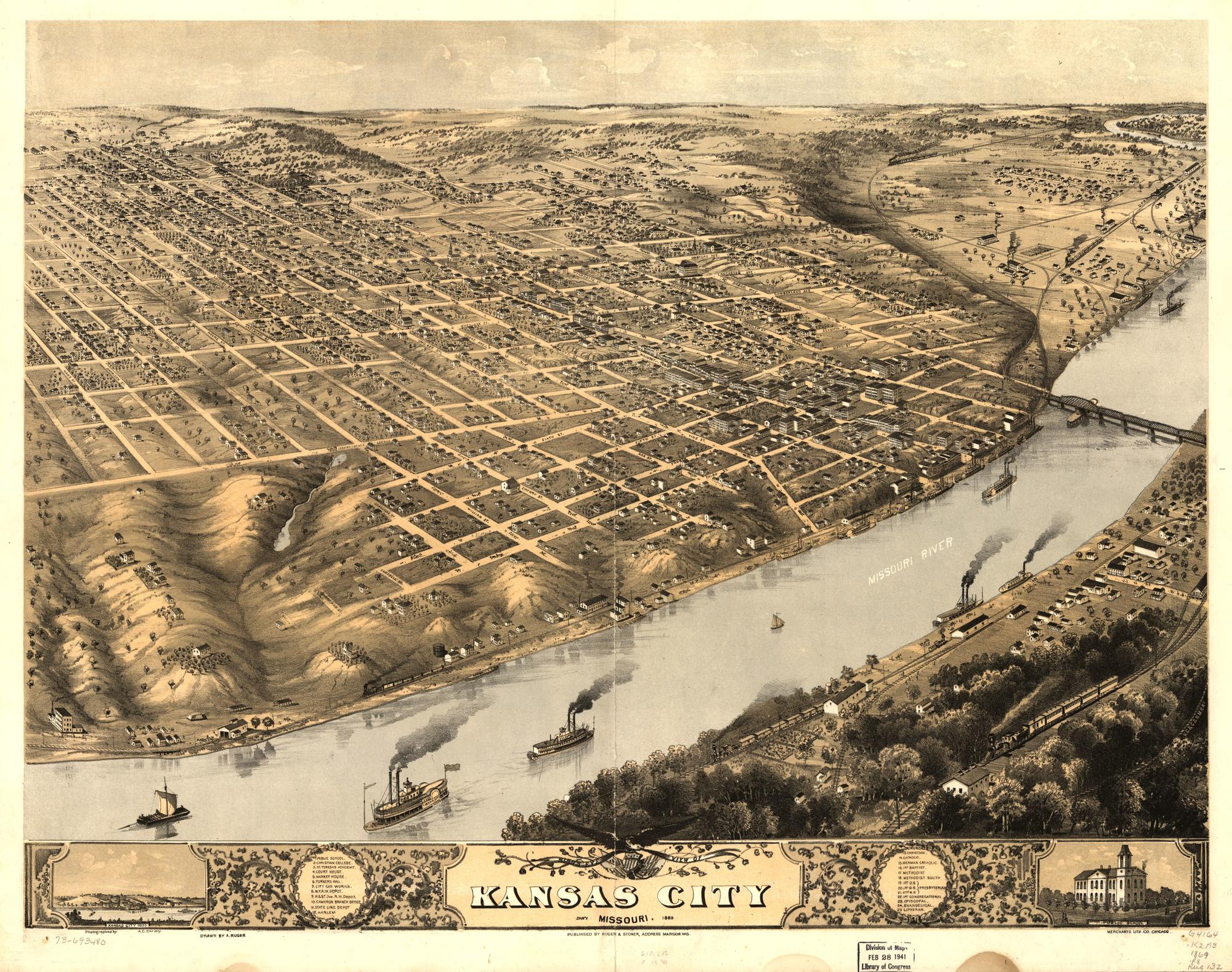 Bird’s eye view of Kansas City, Missouri. Jan’y. 1869, 1869. A. Ruger, drawn; A. C. Christy credited on the sheet as photographer; Merchant’s Lithographing Company; Ruger & Stoner.. Bird's-eye illustration / lithograph.