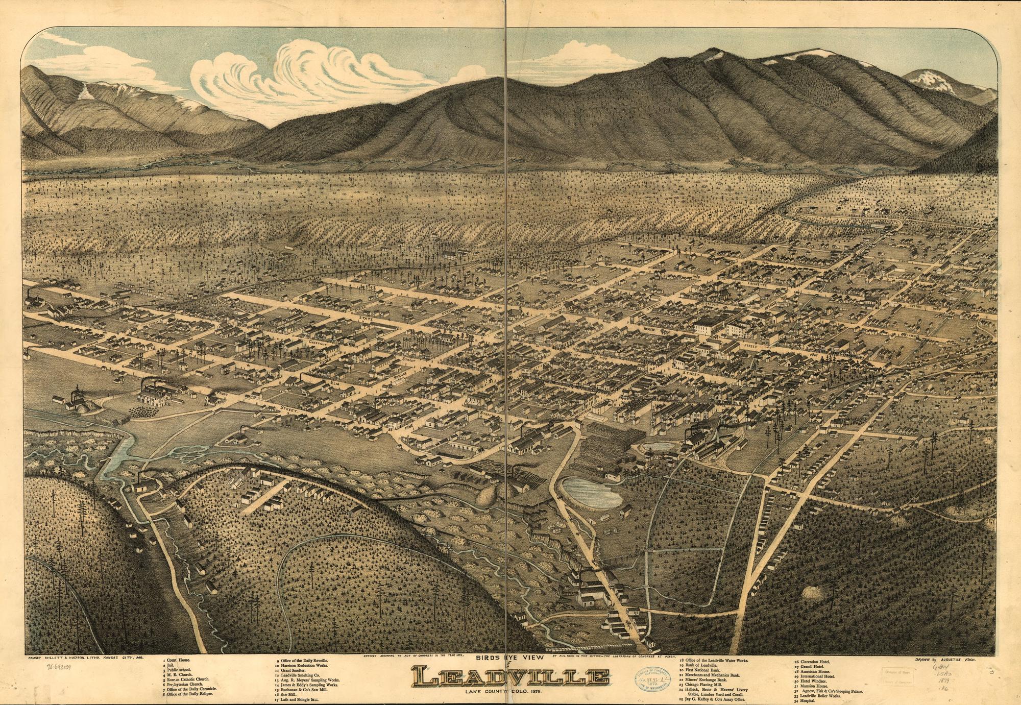 Bird’s eye view of Leadville, Lake County, Colo., 1879. Augustus Koch; Ramsey, Millett & Hudson, lithographers.. Bird's-eye illustration / lithograph.
