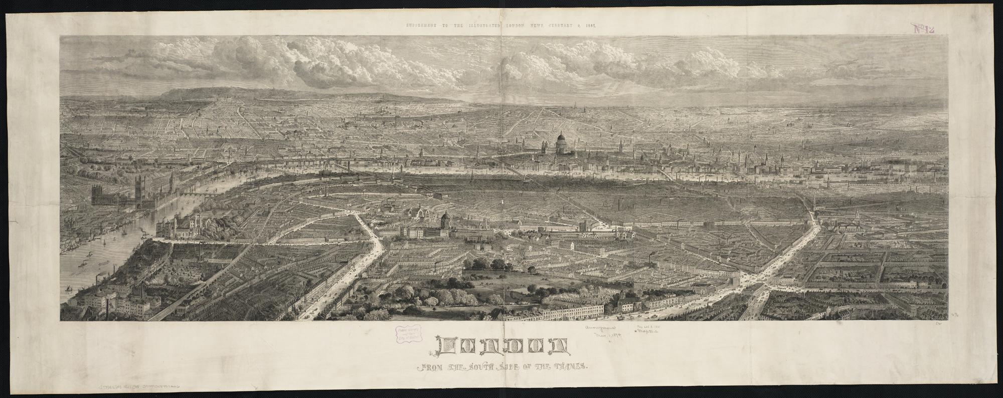 London from the south side of the Thames, c. 1865. Printed panorama (Leventhal Map Center / Wikimedia scan).. Bird's-eye illustration / lithograph.