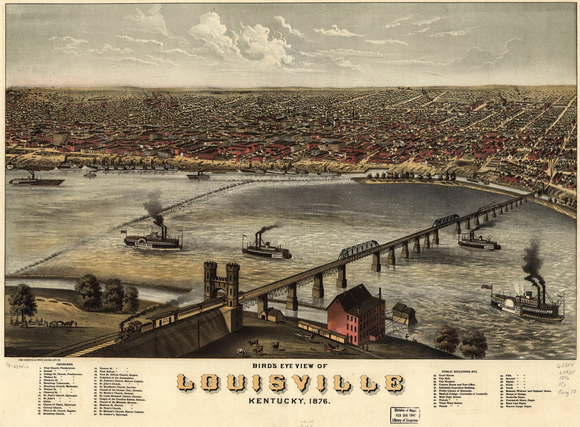 Bird’s eye view of Louisville, Kentucky, 1876. A. Ruger; Charles Shober & Co.; Chicago Lithographing Co.. Bird's-eye illustration / lithograph.