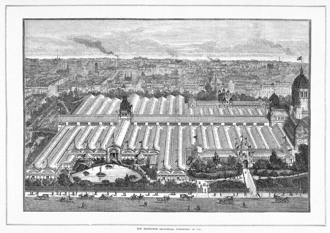 Royal Exhibition Building, c. 1880s. Period photograph of the 1880 Exhibition Building. Exact photographer and year of this scan are not fixed on the file.. Street photograph.