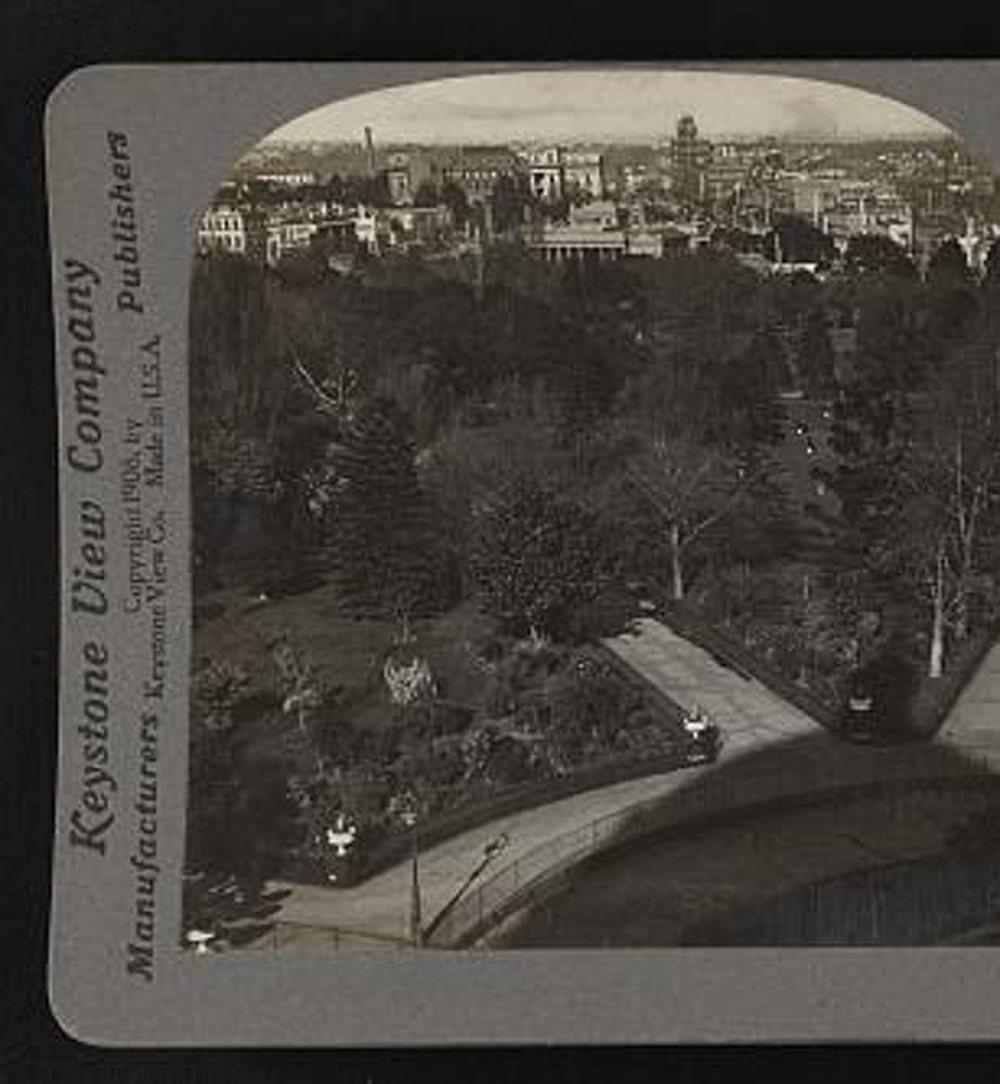 Melbourne from the dome of the Exhibition Building, c. 1905. Period stereograph. Camera on the 1880 Exhibition Building.. Elevated photograph.