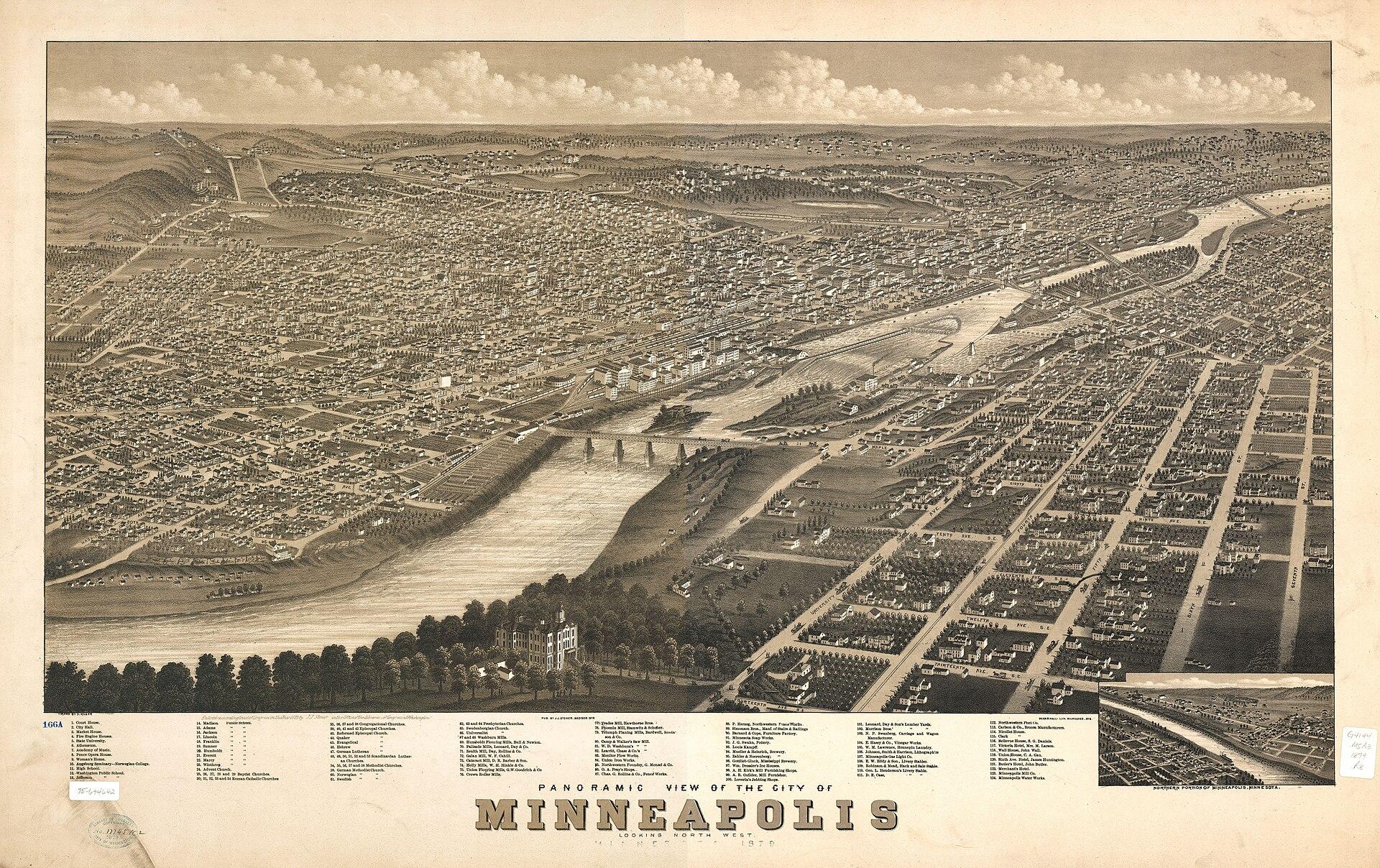 Panoramic view of the city of Minneapolis, 1879. A. Ruger; J. J. Stoner; Beck & Pauli, lithographers. Looking north-west.. Bird's-eye illustration / lithograph.