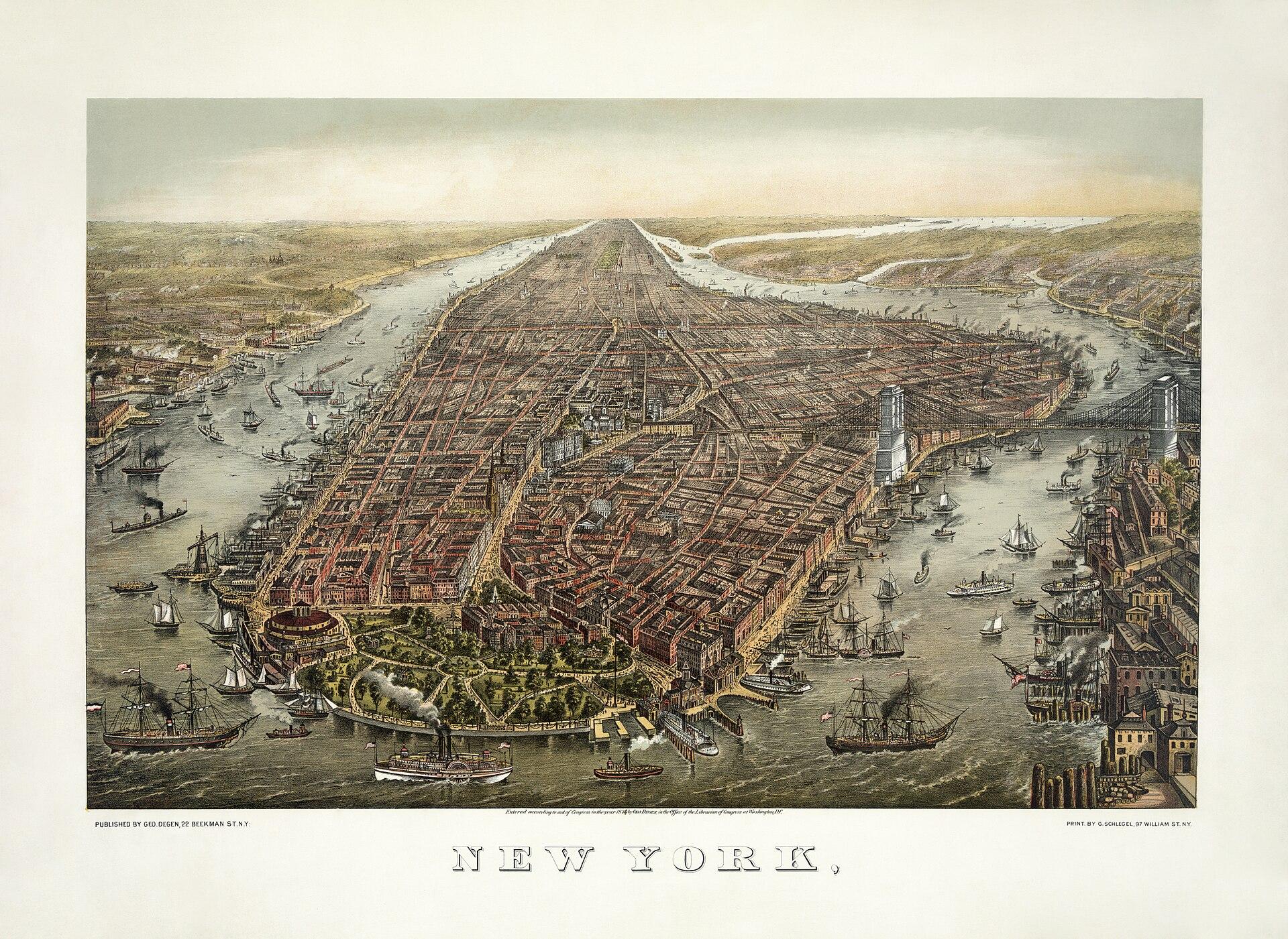 New York — Battery Park and the East River, 1873. George Schlegel, artist; George Degen, publisher.. Bird's-eye illustration / lithograph.