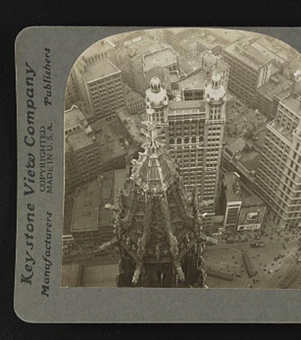 Looking down from the Woolworth tower, c. 1913. Period stereograph from the new tower.. Elevated photograph.