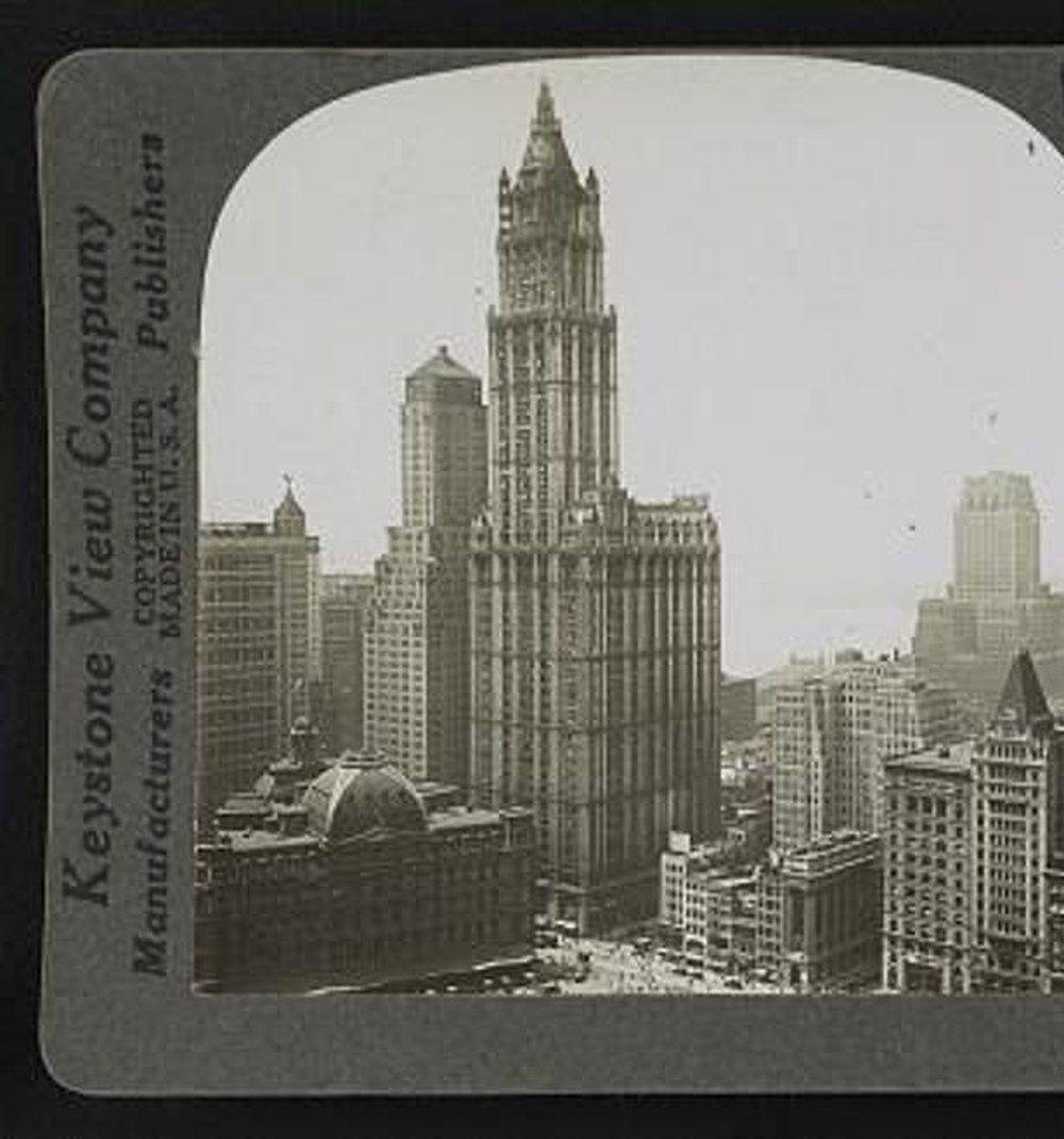 Woolworth Building, c. 1913. Period stereograph. Issued as the tower newly completed.. Street photograph.