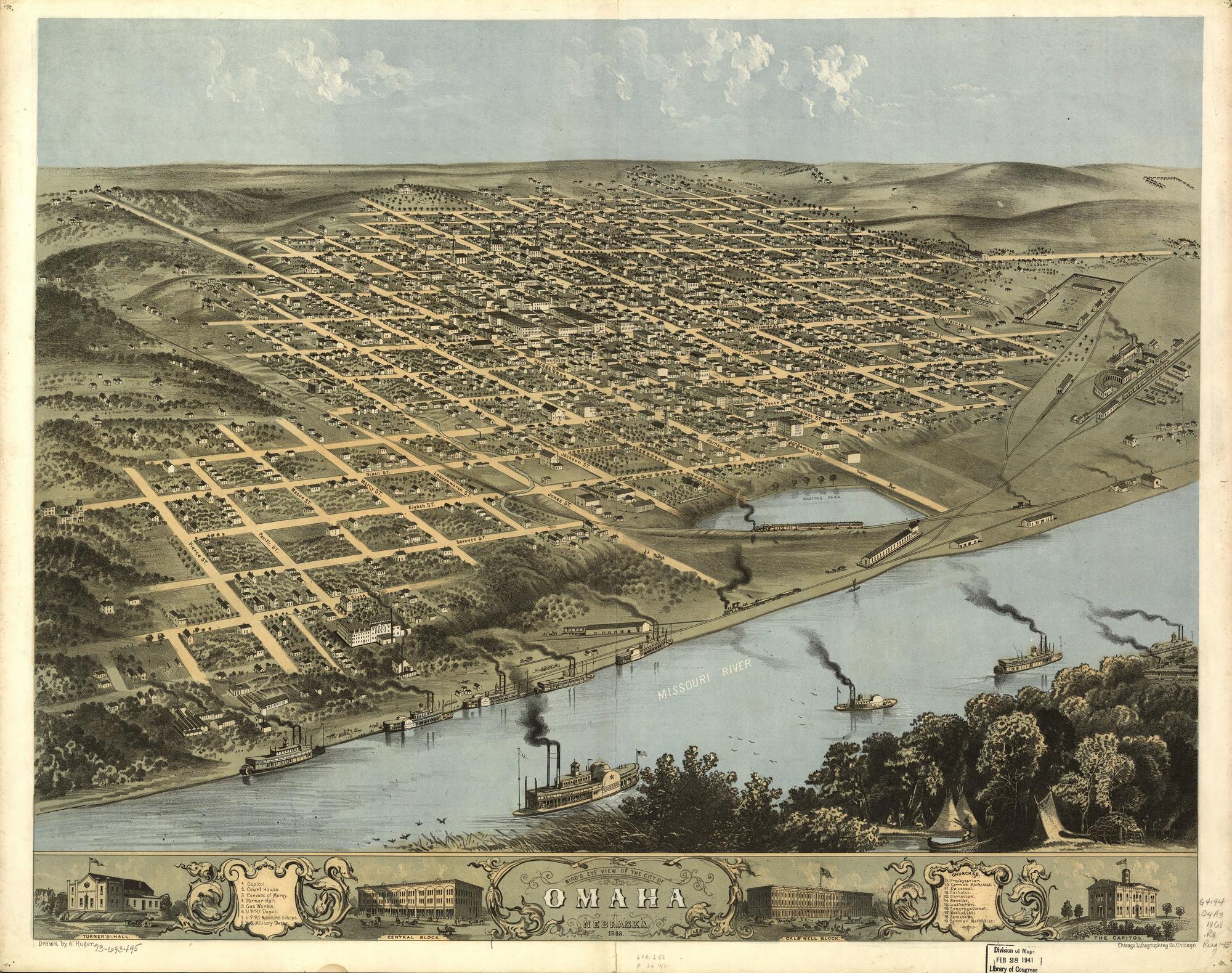 Bird’s eye view of the city of Omaha, Nebraska, 1868. A. Ruger, drawn; Chicago Lithographing Co.. Bird's-eye illustration / lithograph.