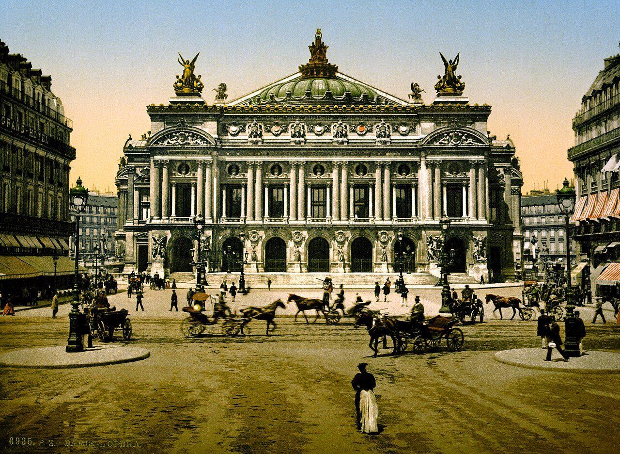 Palais Garnier, c. 1880–1900. Period photograph of the completed opera. Photographer and exact year are not fixed on this scan.. Street photograph.