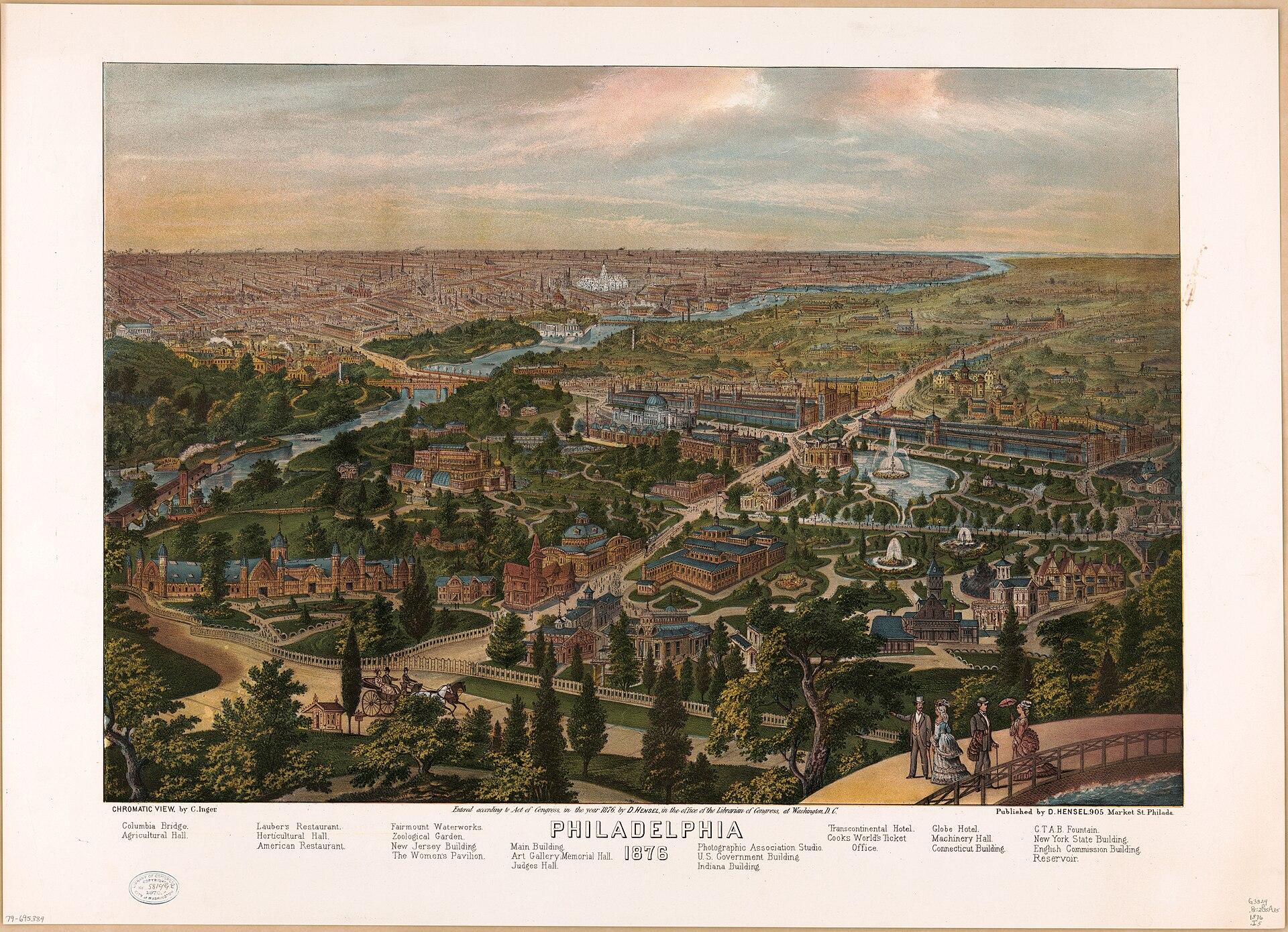 Philadelphia, 1876 — chromatic view, 1876. Chromolithograph issued for the Centennial year.. Bird's-eye illustration / lithograph.