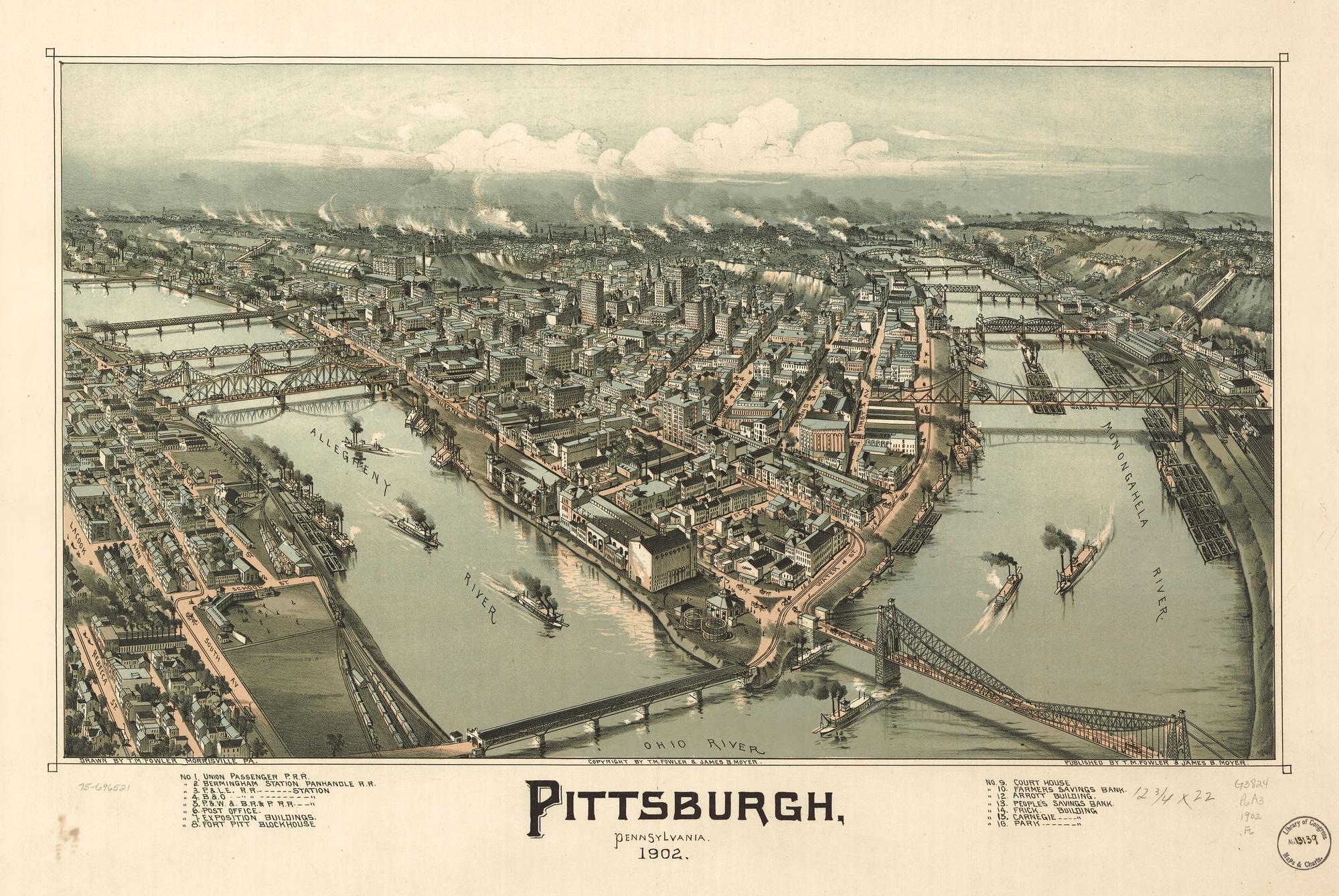 Pittsburgh, Pennsylvania, 1902. T. M. Fowler, delineated; James B. Moyer, published.. Bird's-eye illustration / lithograph.