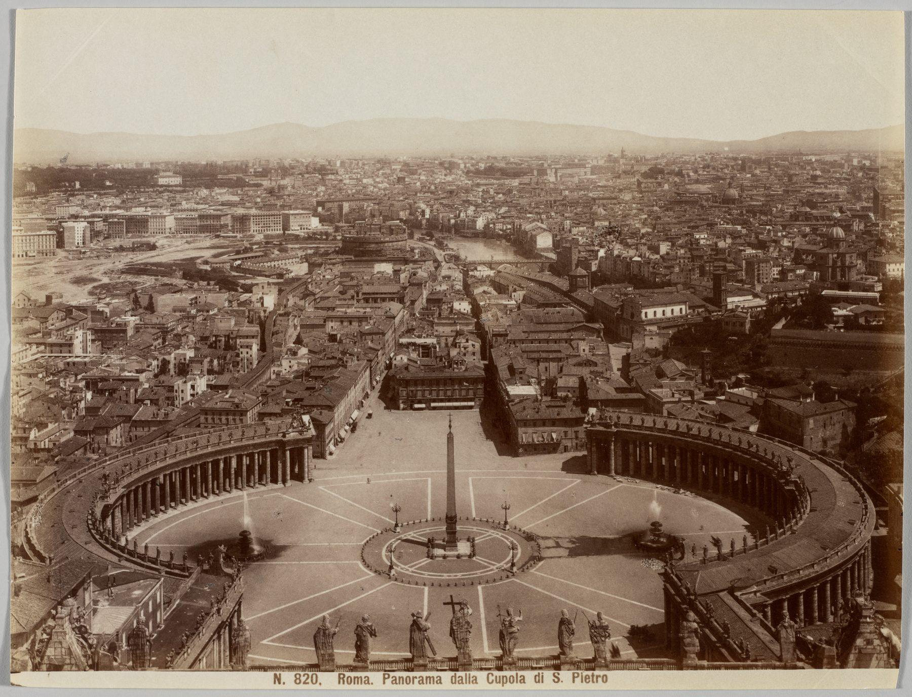 Panorama from the dome of St Peter’s, c. 1860s. Unidentified photographer. Albumen print from collodion negative.. Elevated photograph.