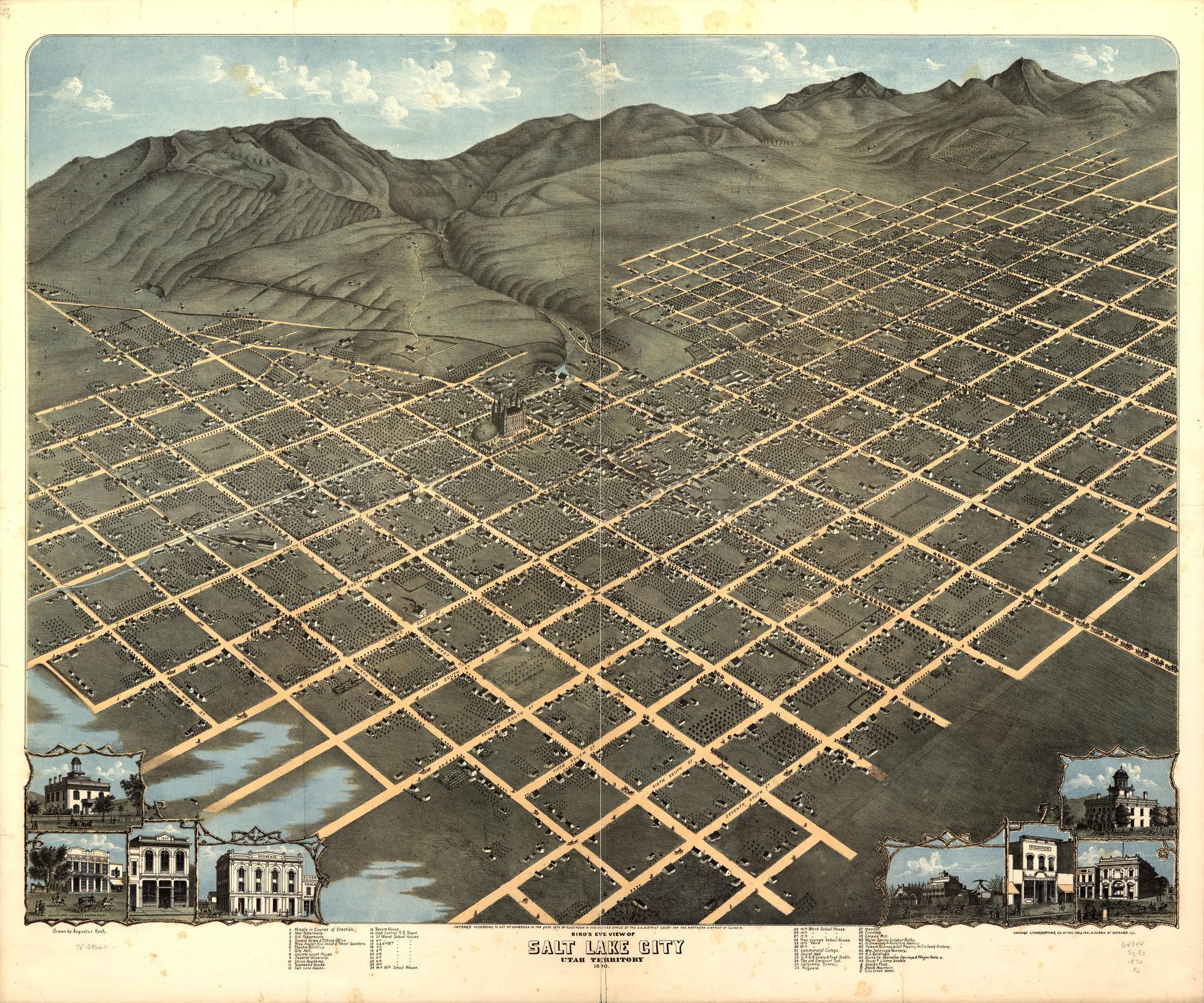 Bird’s eye view of Salt Lake City, Utah Territory, 1870. Augustus Koch, drawn; Chicago Lithographing Co.. Bird's-eye illustration / lithograph.