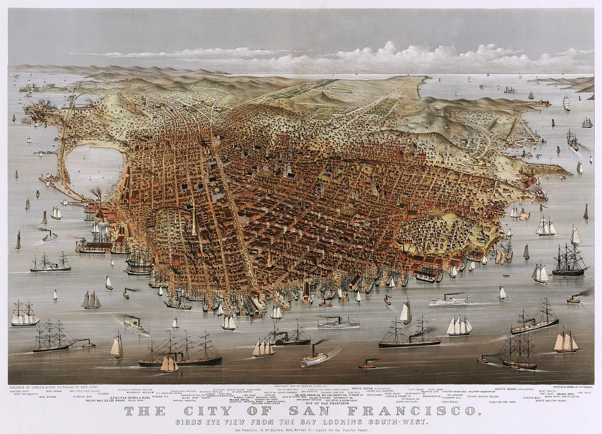The City of San Francisco, from the bay looking south-west, 1878. Charles R. Parsons, sketched and drawn; Currier & Ives, New York.. Bird's-eye illustration / lithograph.