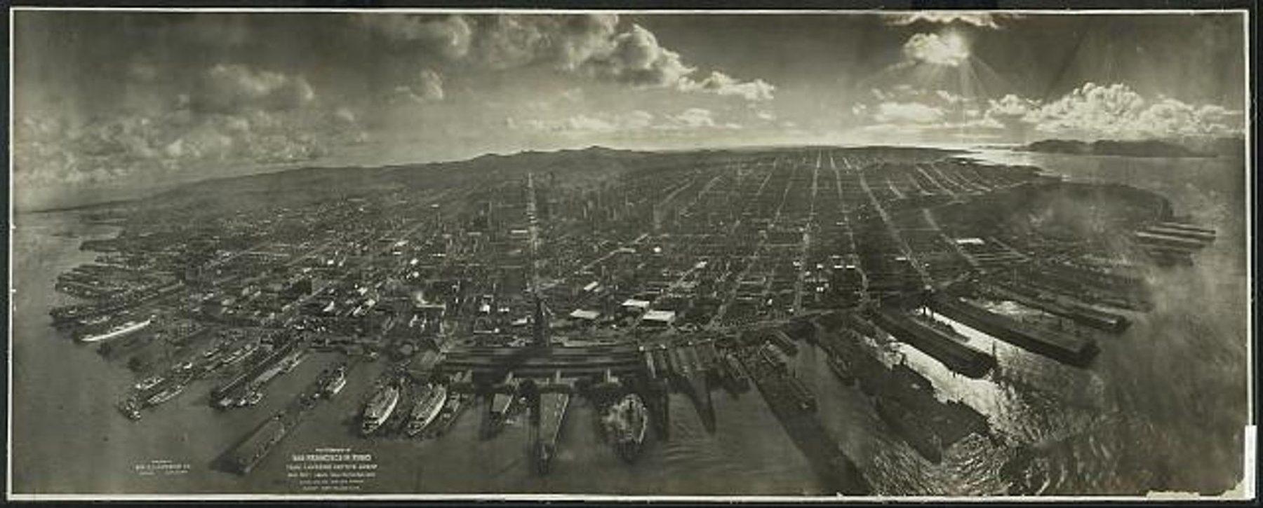 San Francisco in ruins from a captive airship, 1906. George R. Lawrence Co. Camera suspended from kites, 28 May 1906.. True aerial photograph.