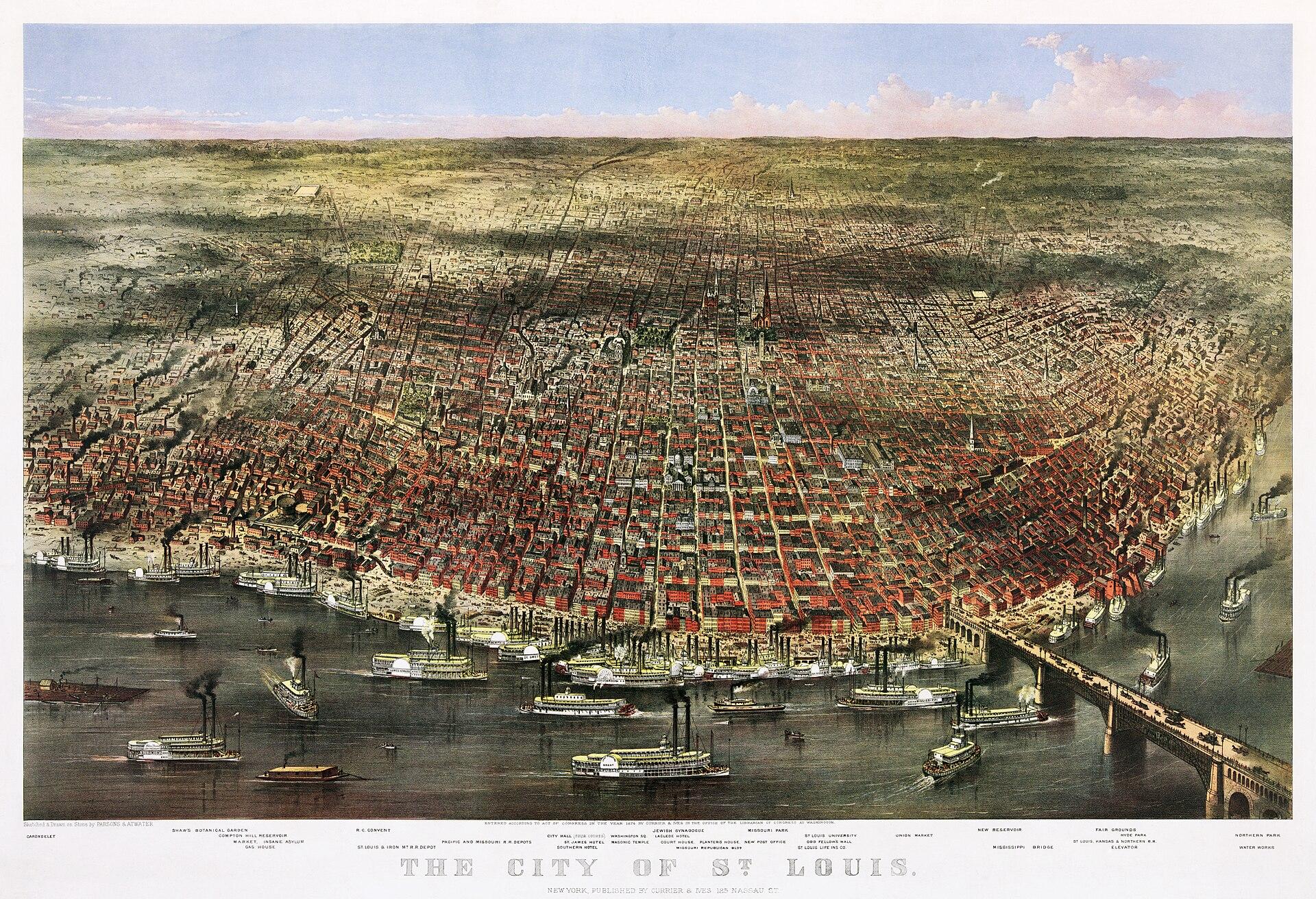 The City of St. Louis, 1874. Parsons & Atwater; published by Currier & Ives.. Bird's-eye illustration / lithograph.