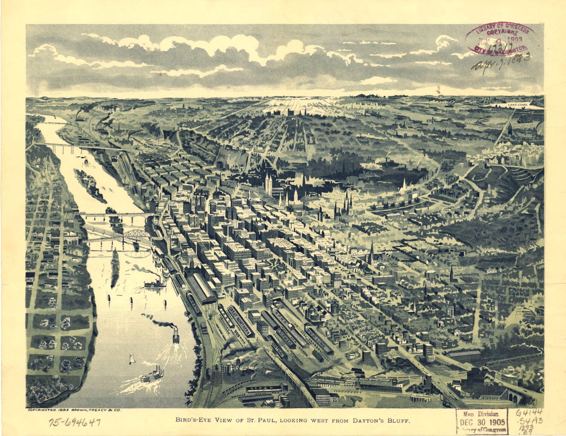 St. Paul, looking west from Dayton’s Bluff, 1893. Brown, Treacy & Co., Saint Paul.. Bird's-eye illustration / lithograph.