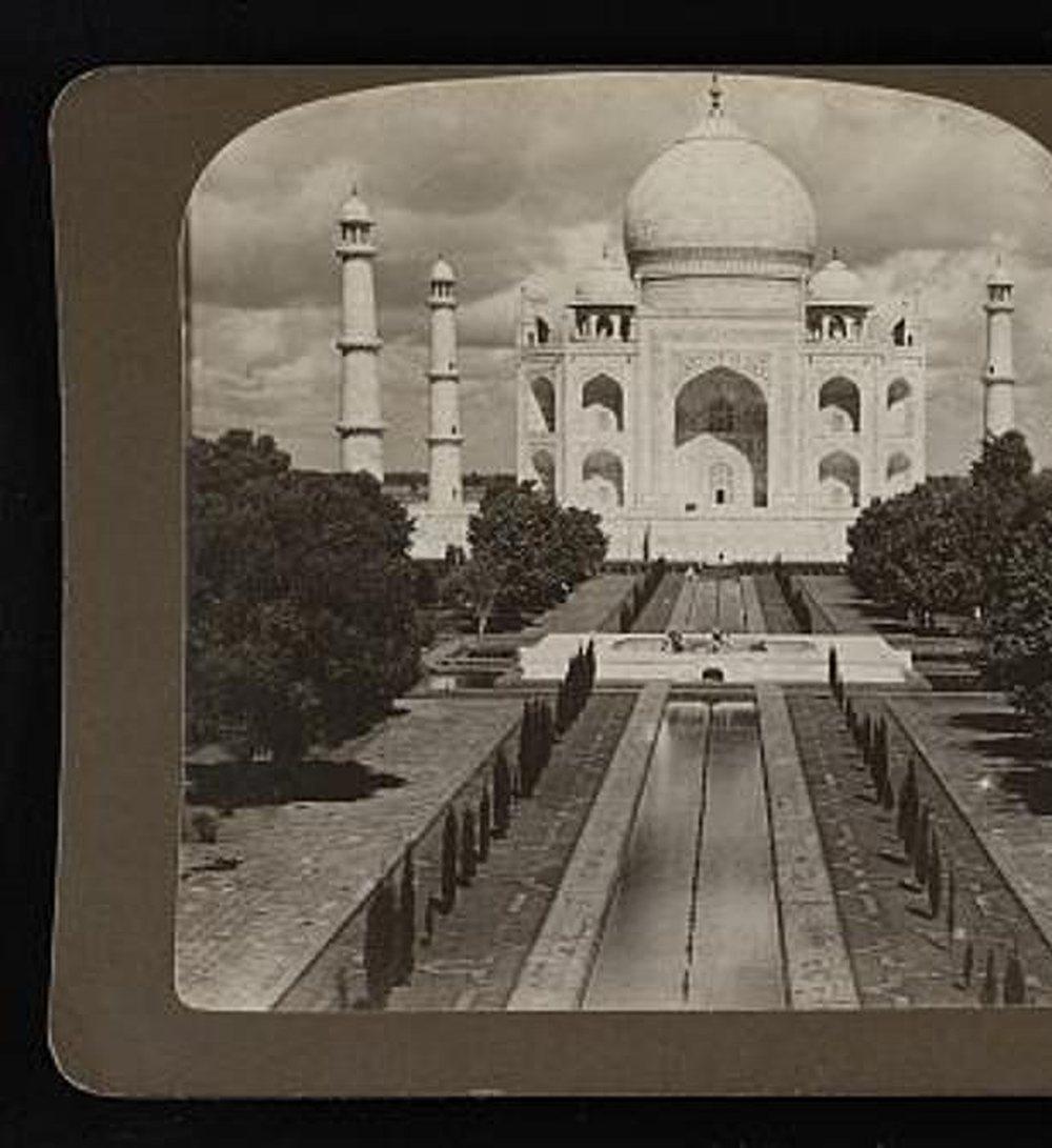 The Taj Mahal from the garden, c. 1903. Period stereograph (Underwood-type tourist issue).. Street photograph.
