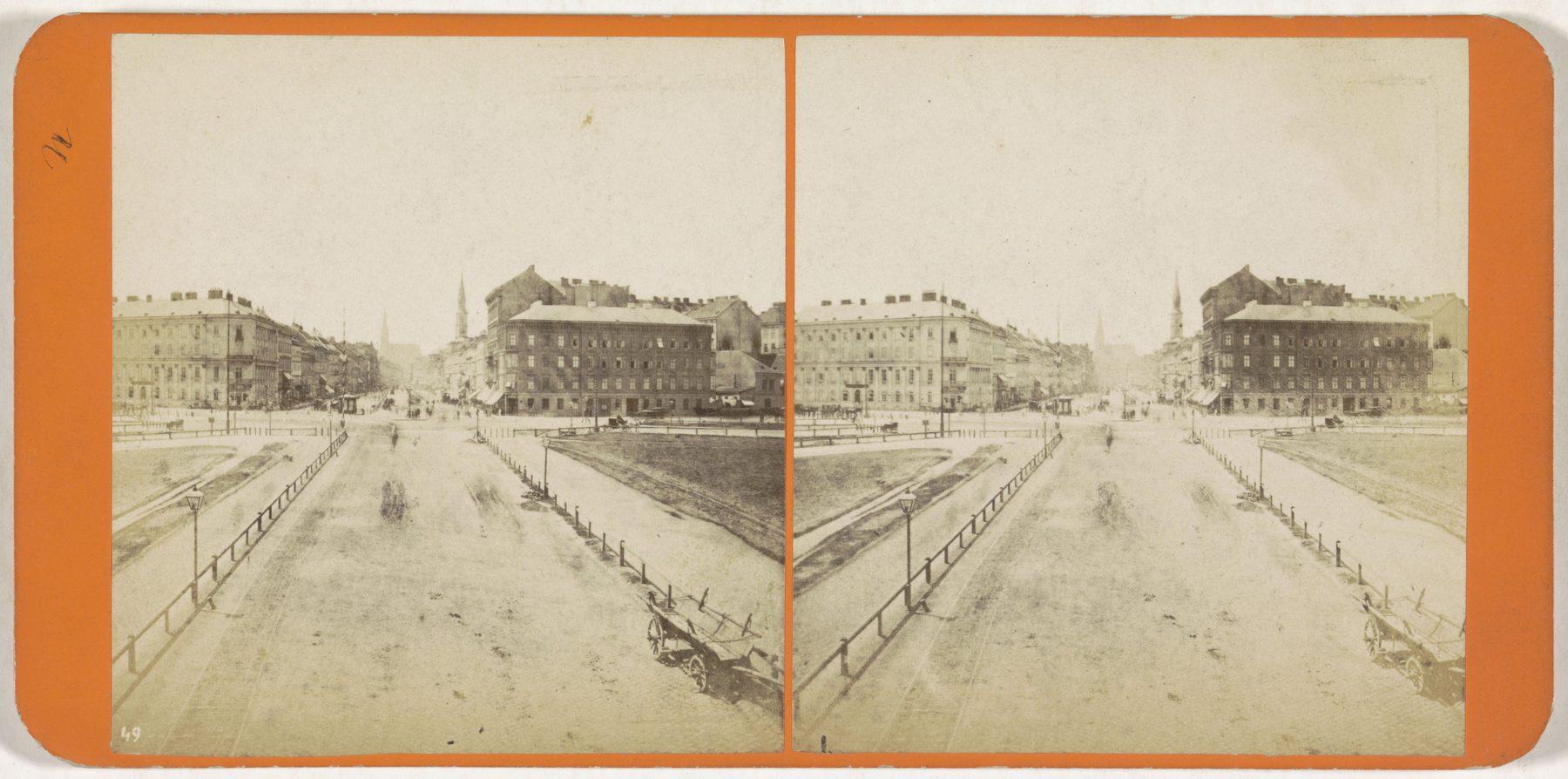 Toward the center of Vienna from Mariahilf, 1870–77. Anonymous photographer; published by Oscar Kramer.. Street photograph.